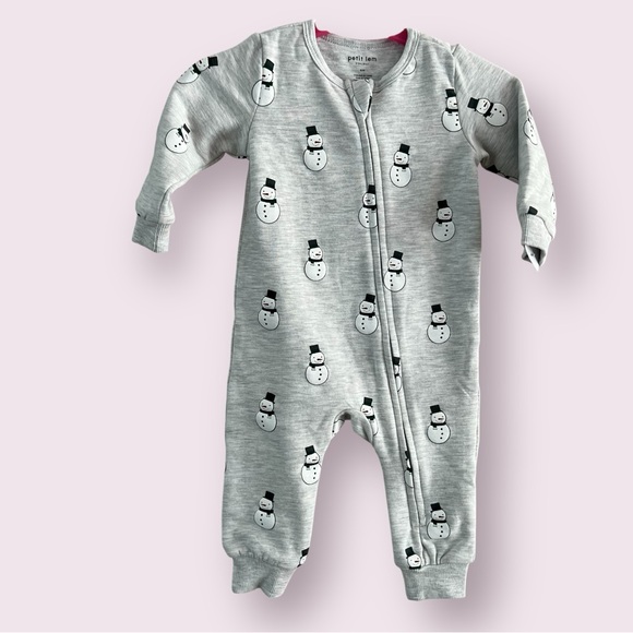 Petit Lem Holiday Snowman one piece fleece lined sleeper Baby size 6 months Gray - Picture 1 of 6
